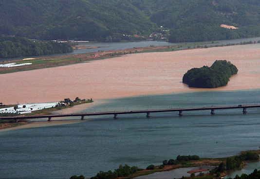 위의 흙탕물이 4대강 공사 중인 남한강 물이고 아래의 푸른 물이 북한강 물이다
