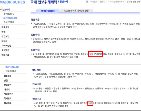  국정원 홈페이지의 변화 모습. '5·16 군사혁명' 표현이 논란이 되자(상단) 군사혁명을 떼고 '5·16'으로만 표시했다. 