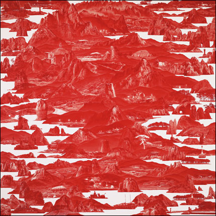 이세현 I '붉은 산수(Between Red-140)' 리넨에 유채 300cm×300cm 2001. 이런 화면은 작가가 포천 근처에서 군 복무할 때 야간투시경으로 본 비무장지대의 아름답지만 아픈 풍경에서 따온 것이다