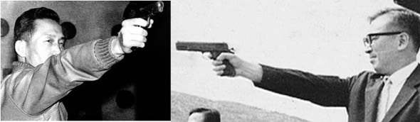군 사격장에서 권총을 거머쥐고 표적을 노려보는 대통령 박정희(왼쪽)와 국회의원 장준하.