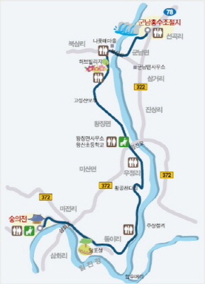 연천 숭의전지에서 군남홍수조절지까지 이어지는 18.9km 구간에 동이리 주상절리가 있다.