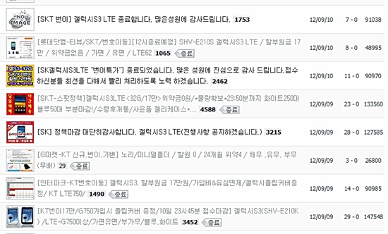 지난 9일 쇼핑정보 사이트 '뽐뿌'에 올라온 갤럭시S3 관련 판매글. 