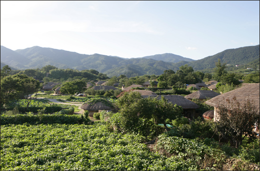 낙안읍성 민속마을 전경. 초가집에 실제 주민들이 살고 있다.