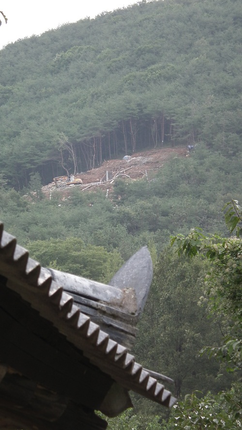 삼평1리 한 주민의 마당에서 본 24호기 송전탑 공사 현장의 모습. 공사현장과는 직선거리로 100미터도 채 떨어지지 않았다. 