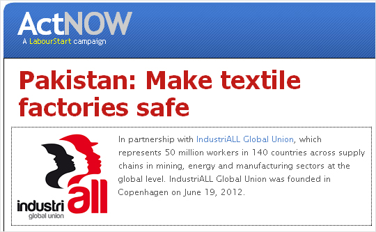 LabourStart이 온라인에서 진행 중인 ‘파키스탄의 의류공장을 안전하게!’ 캠페인.