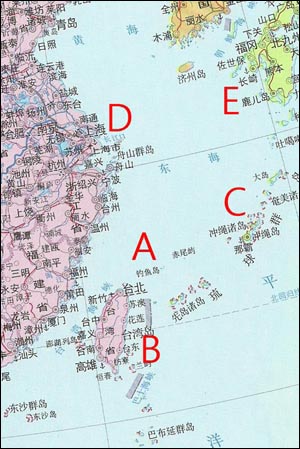 조어도(A)의 위치. B는 대만, C는 오키나와, D는 중국, E는 일본.