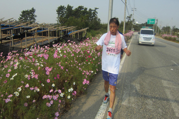 김제 시내를 벗어나 외곽에 들어서자 만개한 형형색색의 코스모스들이 하늘거려 그간의 내 노력에 경의를 표하는 듯했다. 구급차는 내뒤를 따르며 나를 호위했고 길 모퉁이마다 경찰들이 철수를 미루고 나를 기다리다가 격려해줘 참으로 고마웠다.