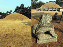 효소왕(왼쪽)과 성덕왕의 무덤. 아우인 성덕왕의 무덤은 호석, 돌사자 등을 두루 잘 갖추고 있는 신라왕릉의 하나이다.