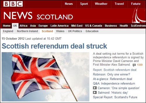 스코틀랜드 분리독립 주민투표 시행 확정을 보도하는 영국 BBC