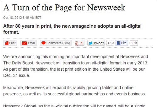 2013년부터 지면 인쇄 중단을 발표하는 <뉴스위크> 공식 홈페이지