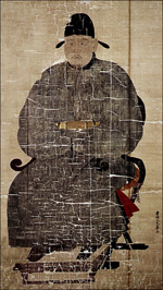 문화재청 홈페이지에서 볼 수 있는 정몽주 초상. 1629년(인조 7) 김육이 비단 위에 그렸다. 보물 1110호로 경주박물관에 소장되어 있다.
