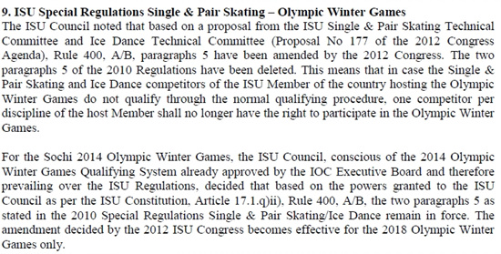  국제빙상연맹이 10월에 발표한 자료집이다. 자료에 2014 소치 동계올림픽까진 개최국 출전권이 유효하나, 2018 평창 동계올림픽부터 출전권이 없어진다고 돼 있다. 
