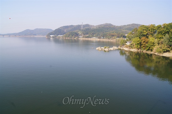  낙동강 구미대교에서 산호대교방향의 모습. 곳곳에 폐사한 물고기들이 떠다니거나 물가에 밀려와 널렸다.