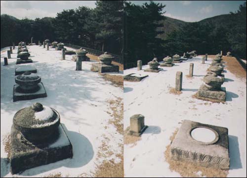 겨울에 본 세종대왕자태실. 오른쪽 사진의 파괴된 태실은 안평대군의 것으로 세조 즉위 즉시 파괴되었다.