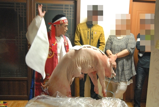 달마선원의 원장인 김종해가 돼지를 삼지창에 올려놓고 세우는 '사슬세우기'를 하고 있다
