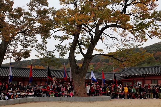 수원 화성 행궁 신풍루 앞에서 재연된 정조대왕 친위부대 장용영 군사의 진검 퍼포먼스를 관람하기 위해 모여든 관광객들