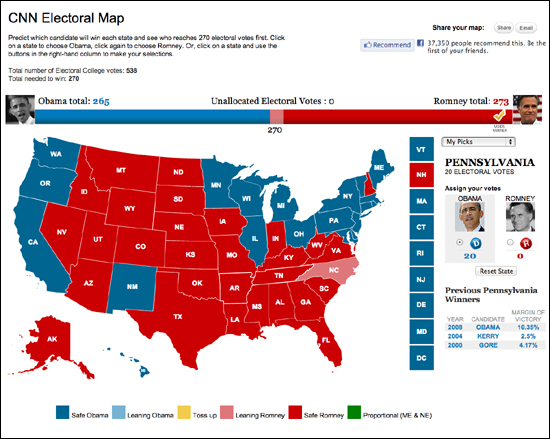 CNN에서 제공하는 '선거인단 지도' 서비스를 통해 유권자들은 후보자의 당선 가능성 시나리오를 쉽게 짜볼 수 있다. 이 사진의 시나리오는 롬니가 오하이오 없이 승리할 수 있는 경우를 표현한 것이다. 
