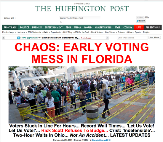 "플로리다의 조기투표가 난항을 겪고 있다"고 보도한 4일자 <허핑턴 포스트> 