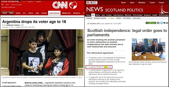 아르헨티나 16세 투표 연령 하한 CNN 기사(좌) 스코틀랜드 독립 주민투표 16세 투표 관련 BBC 기사(우). 