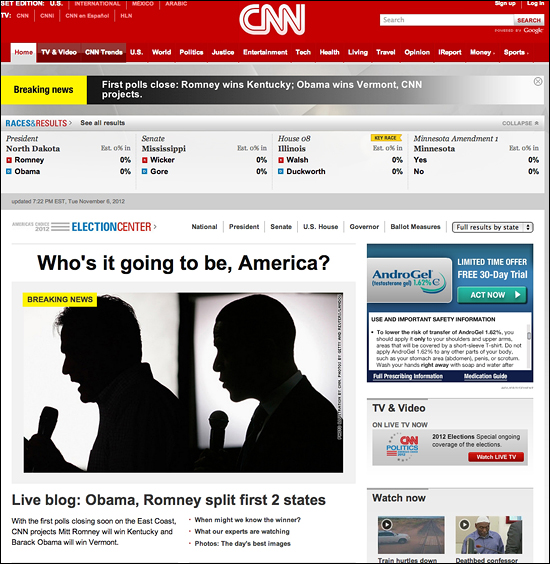 오바마와 롬니의 결전의 날. CNN 인터넷 화면. 