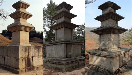  국가 '보물'인 경주 서악동 탑(왼쪽)과 효현리 탑(가운데), 그리고 '경북도 유형문화재'인 선본사 탑(오른쪽). 선본사 석탑도 거의 보물급이라는 사실을 강조하기 위해 나란히 놓아 보았다.