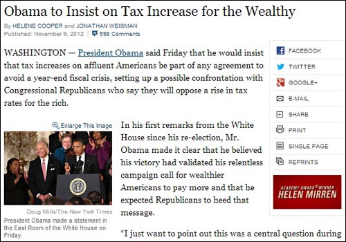 버락 오바마 대통령의 부자 증세 강조를 보도하는 <뉴욕타임스>