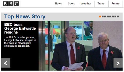 조지 엔트위슬 사장의 사임을 보도하는 영국 BBC
