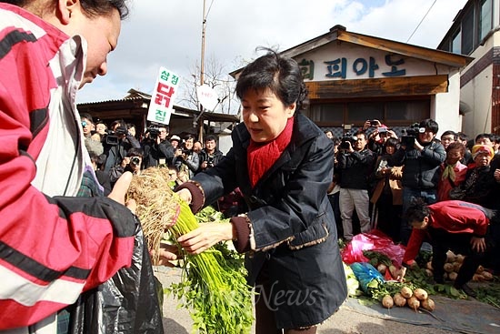 박근혜 새누리당 대선후보가 12일 오후 전북 익산 금마시장을 방문해 미나리를 구입하고 있다.