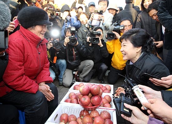  박근혜 새누리당 대선후보가 14일 오후 충북 충주시 성서동 차없는거리에서 사과를 파는 노점상인과 이야기를 나누고 있다.