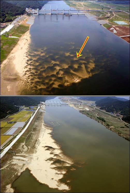 지난 6월과 9월 말 하늘에서 찍은 낙동강 합천보 모습입니다. 아무리 열심히 모래를 퍼내봐야 단 몇 개월 만에 다시 모래가 쌓입니다. 