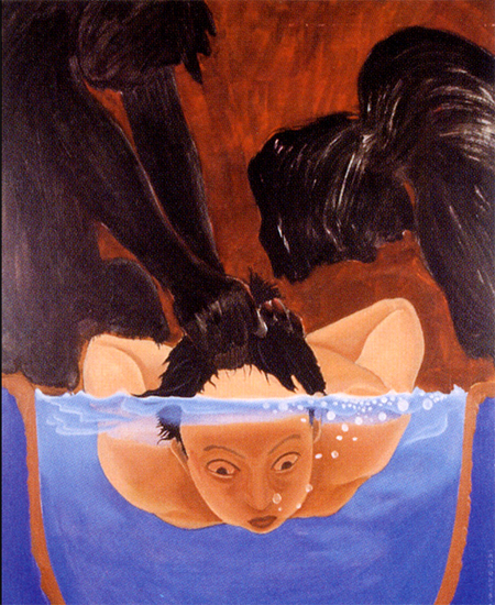 홍성담 작 (193 x 123. 1996) 작가가 직접 고문을 겪으면서 죽음의 고비를 넘나들며 고통스러운 순간을 담은 작품