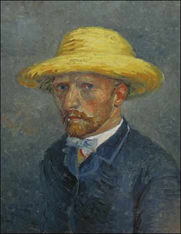 반 고흐 I '테오 반 고흐의 초상' 마분지에 유화 19×14cm 1887년 여름 파리. 암스테르담 고흐미술관(빈센트 반 고흐재단)소장 ⓒ 2012 Van Gogh Museum The Netherlands. 이 작품은 주인공이 고흐가 아니라 테오다. 고흐가 초록색 눈에 붉은 수염인데 반면 테오는 푸른 눈과 동그란 귀를 가지고 있단다  
