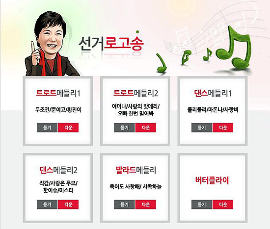 박근혜 새누리당 대선후보 공식 홈페이지에서 서비스 중인 선거로고송들