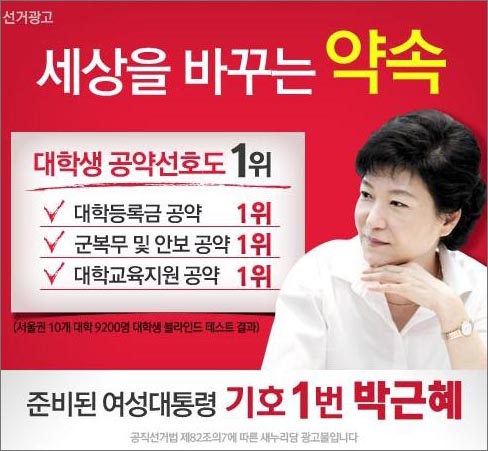 '대학생 공약 선호도 1위'라고 소개한 박근혜 새누리당 후보 인터넷 광고