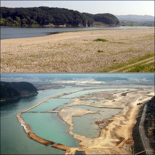 이곳은 금모래 은모래로 유명한 서울 시민들의 여름 피서지였습니다. 그러나 지금은 누구도 발을 담글 수 없는 죽음의 수로가 되었습니다. 놀라운 MB표 강 살리기 작업입니다. 