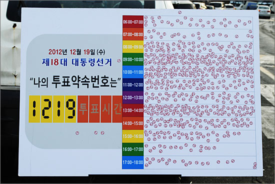 12월 19일, '투표 시간 정하기' 캠페인 보드판. 시간대별로 투표를 약속한 스티커들이 잔뜩 붙어 있다.