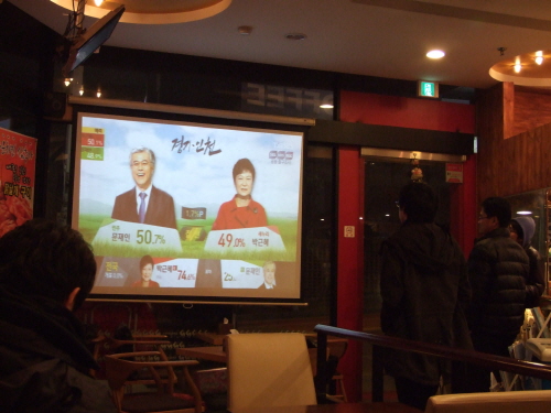 평소 축구방송을 보던 치킨,맥주집의 대형 스크린앞에 시민들이 모여 시민들이 개표방송을 지켜 보고 있다. 