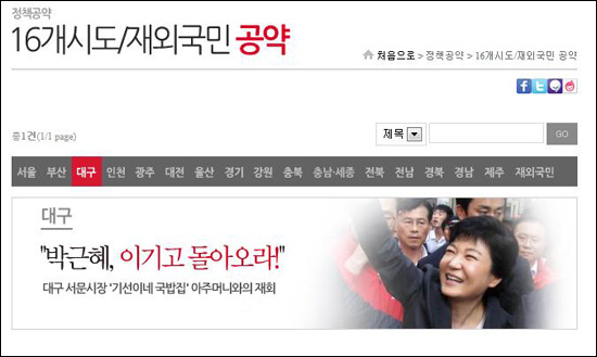 박근혜 대통령 당선자의 홈페이지에 있는 대구 공약. 추후 다른 공약으로 대체되었지만 초기에는 전혀 공약이 나와있지 않았다.