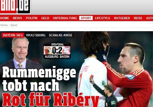  독일축구협회 포칼 경기 도중 벌어진 구자철에 대한 리베리의 얼굴 가격을 보도하는 독일 빌트지 