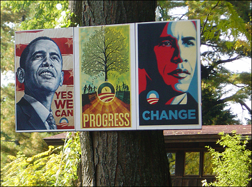 버락 오바마의 극적 당선은 실정에도 불구하고 재임한 부시의 영향이 컸다. 2008년 가을, 유권자가 집 앞에 '변화'와 '진보'라고 쓰인 포스터를 붙여놓고 지지를 표하고 있다. 