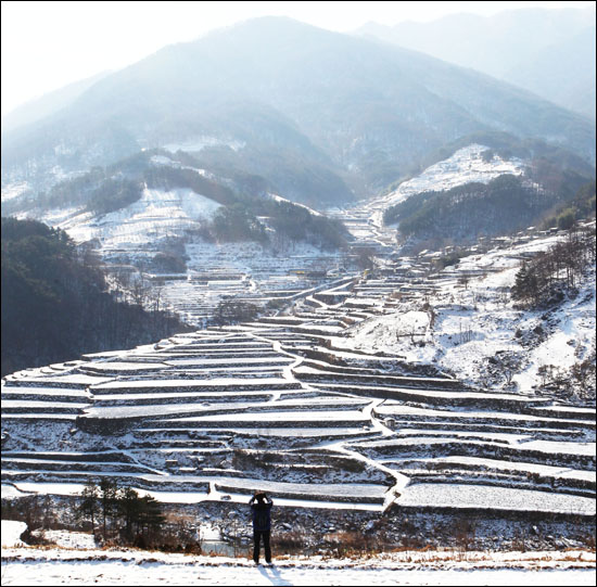  24일 경남 함양군 마천면 다랭이논에 눈이 쌓여 아름다운 설경이 연출되고 있다.
