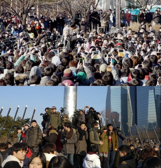 공원 한 쪽에서 진행을 시도하고 있는 개그맨 유민상(위)과 열띤 취재경쟁을 벌이고 있는 취재진(아래) 모습.