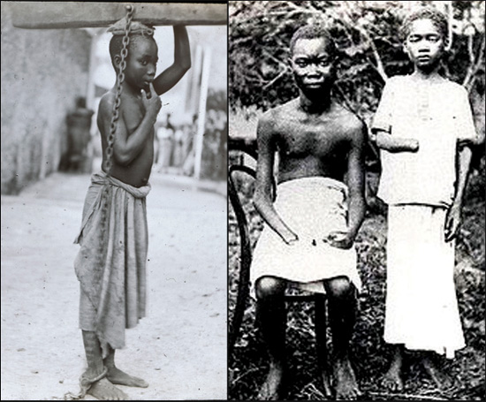 잔인한 처벌을 받는 노예 소년(왼쪽)과 처벌로 손을 잘린 노예들(오른쪽)