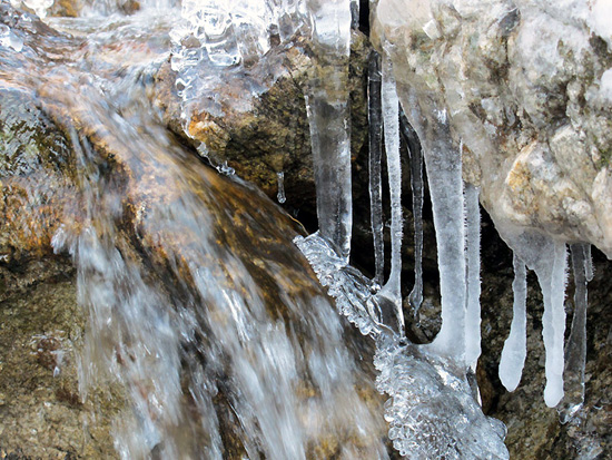 광교산 수원천발원지에서부터 계곡을 따라 내려오던 물이 추위에 얼어 있다