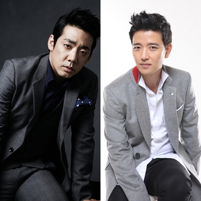  연극 <광해, 왕이 된 남자>에서 광해/하선 1인 2역을 소화하는 배우 김도현(왼쪽)과 배수빈(오른쪽)