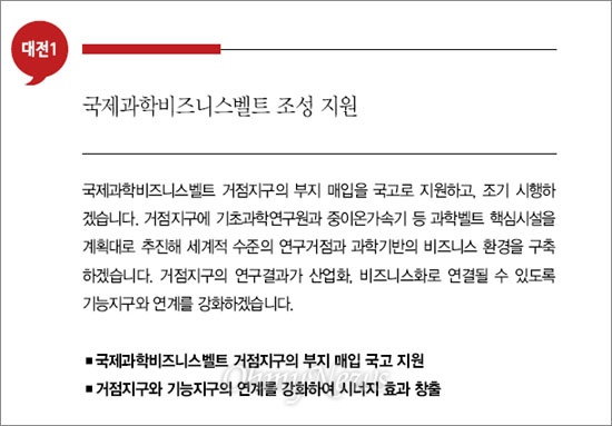  새누리당 박근혜 대통령당선인의 과학벨트 부지매입비 관련 공약 내용.