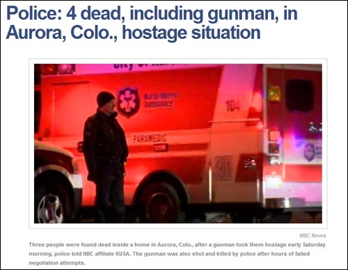 미국 콜로라도주 오로라에서 일어난 총기 인질극 사건을 보도하는 NBC방송