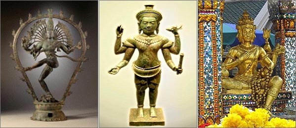남부 인디아 촐라 왕조의 춤추는 시바(사진 왼쪽), 12세기 캄보디아의 비쉬누(가운데), 태국의 4면상 브라마(오른쪽) 
