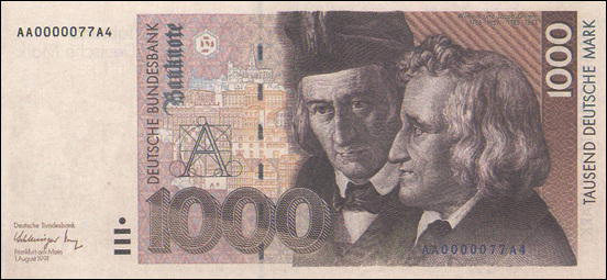 1991년에 만들어진 도이치마르크 지폐에 새겨진 그림 형제. -<그림 형제 민담집> 10쪽-
