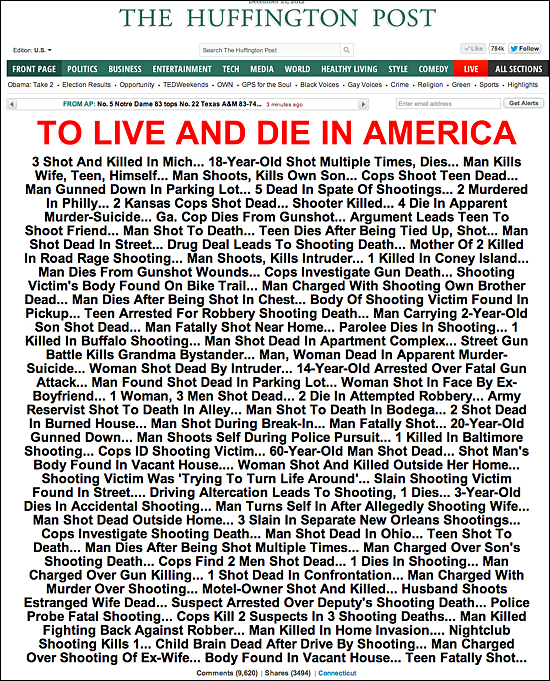 2012년 12월 21일 <허핑턴포스트> 톱 화면. <허핑턴포스트>는 12월 14일 샌디훅 초등학교에서 총기 사고가 일어난 후 일주일 동안 미국에서 총으로 사망한 사람들이 100명이 넘는다는 기사를 내보냈다. 